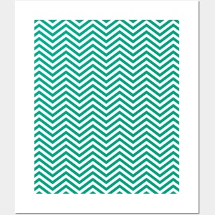 Dark Mint Green and White Chevron Pattern Posters and Art